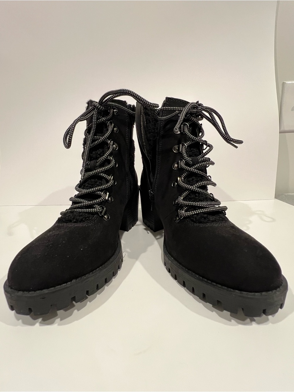 Madden Girl Black Lace-Up Lug Heel Ankle Boots
